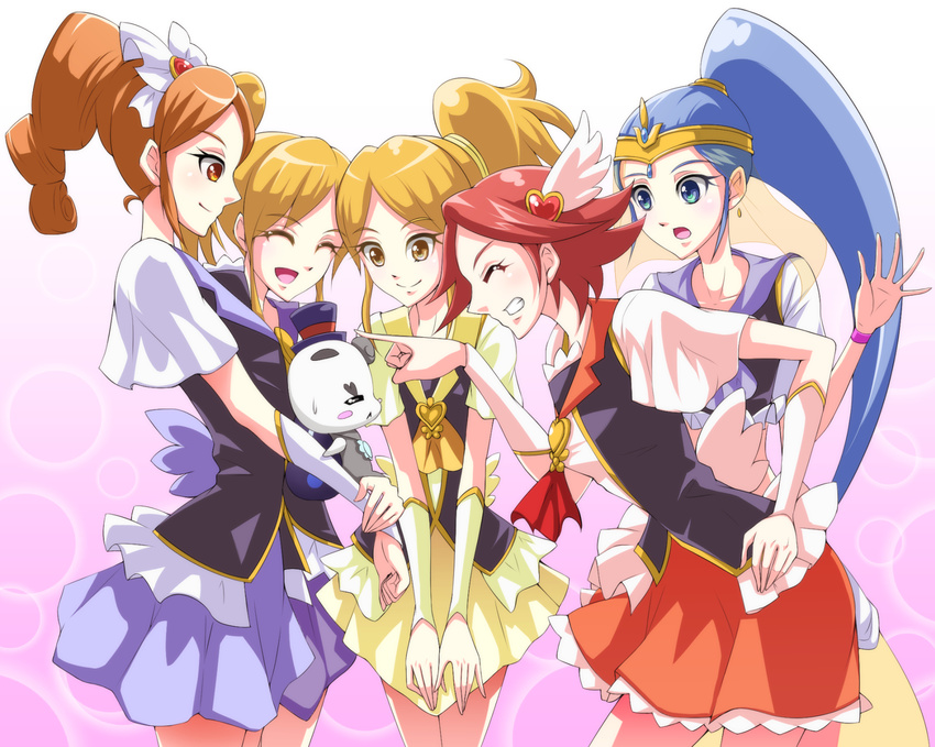 blue_eyes blue_hair blue_skirt bow brooch brown_eyes brown_hair closed_eyes creature cure_gonna cure_katyusha cure_nile cure_pantaloni cure_southern_cross grin hair_bow hair_ornament happinesscharge_precure! hat heart heart_hair_ornament highres jewelry long_hair magical_girl multiple_girls phanphan_(happinesscharge_precure!) phantom_(happinesscharge_precure!) ponytail precure purple_skirt red_hair red_skirt short_hair siblings side_ponytail sisters skirt smile top_hat twins yellow_skirt zwei_(santanawamuujojo)