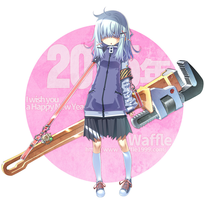 2015 adjustable_wrench hair_over_eyes highres long_hair new_year original sakuya_tsuitachi solo white_hair wrench