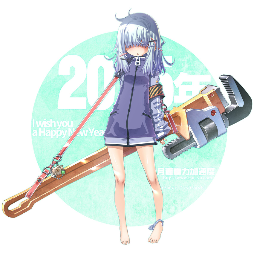 2015 adjustable_wrench barefoot hair_over_eyes highres long_hair new_year original sakuya_tsuitachi solo white_hair wrench