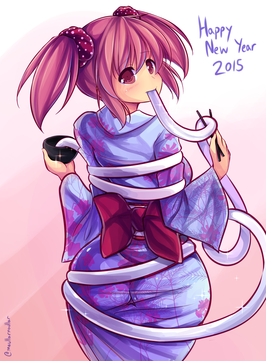 2015 ass blush bow bowl chopsticks eating food from_behind happy_new_year highres japanese_clothes kaname_madoka kimono looking_back mahou_shoujo_madoka_magica maullarmaullar mochi new_year obi pink_eyes pink_hair restrained sash scrunchie short_twintails solo taut_clothes twintails wide_hips you're_doing_it_wrong