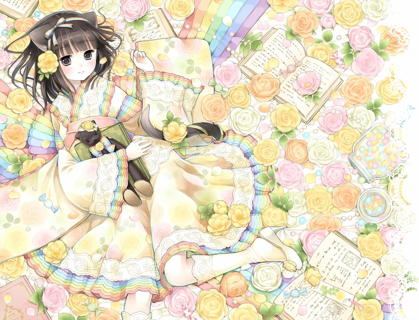 animal_ears black_eyes black_hair cat_ears cat_tail flower hairband highres japanese_clothes kimono kimono_skirt kuroinu lolita_fashion looking_at_viewer lying original rose short_hair smile solo stuffed_animal stuffed_cat stuffed_toy tail wa_lolita