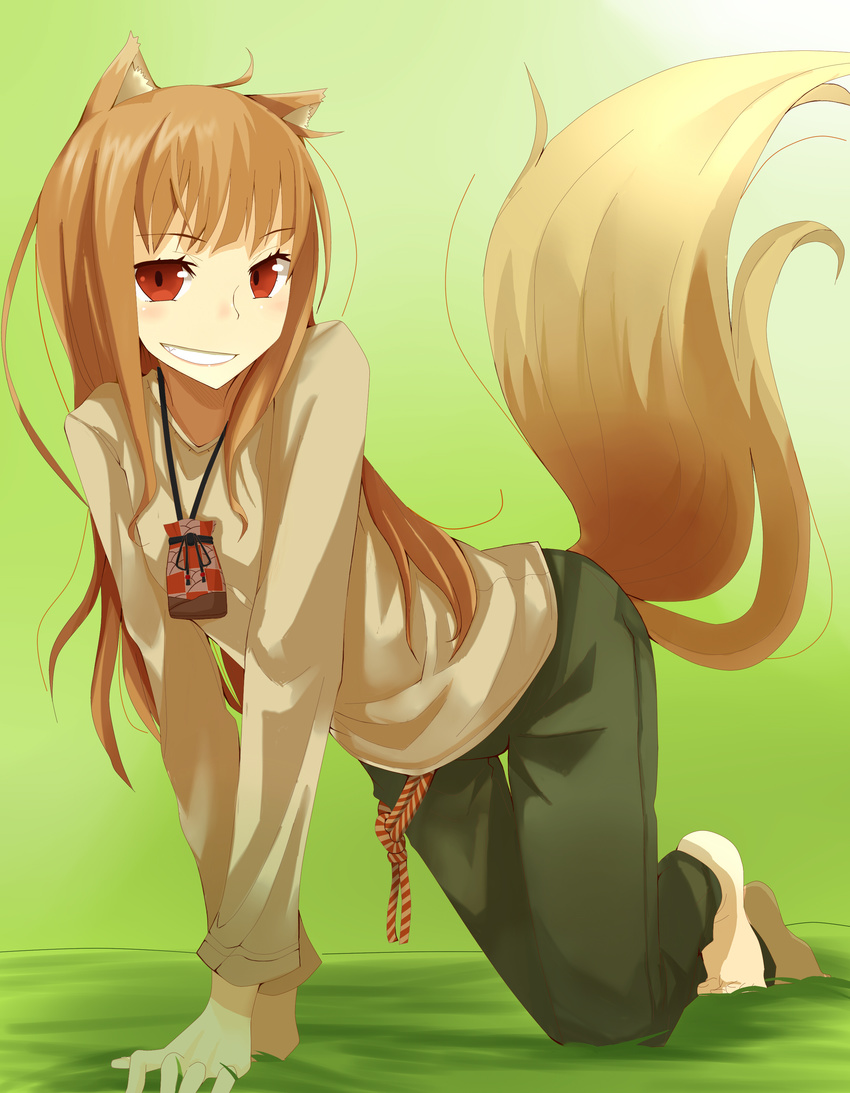 absurdres all_fours animal_ears barefoot blush brown_hair fang genko_(pixiv5177622) green_background grin highres holo long_hair looking_at_viewer pants red_eyes reference_work smile solo spice_and_wolf tail wolf_ears wolf_tail