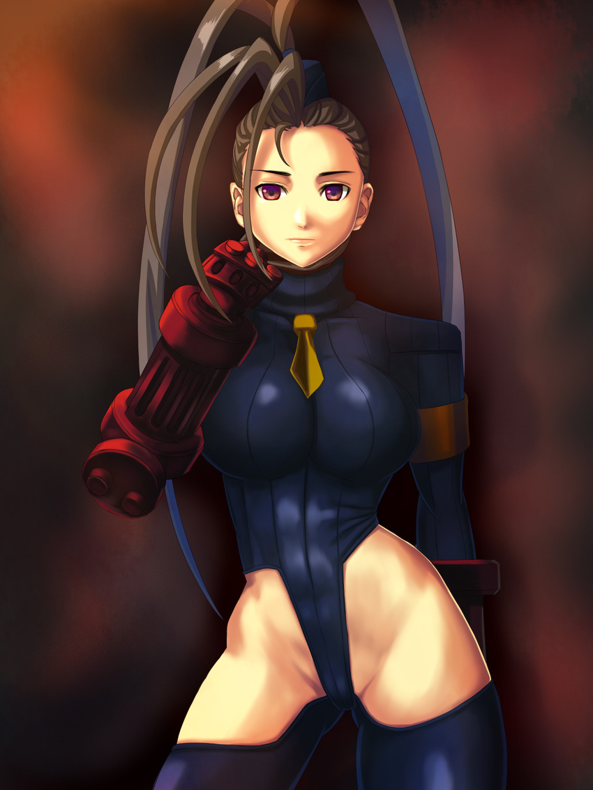 adapted_costume antenna_hair armband bad_end blue_legwear breasts cammy_white cammy_white_(cosplay) contrapposto corruption cosplay detached_leggings fingerless_gloves garrison_cap gloves hair_pulled_back hat high_ponytail highres ibuki_(street_fighter) large_breasts leotard long_hair no_panties ribbed_leotard ryourou_(edexigerero) skin_tight solo standing street_fighter thighhighs thong_leotard turtleneck