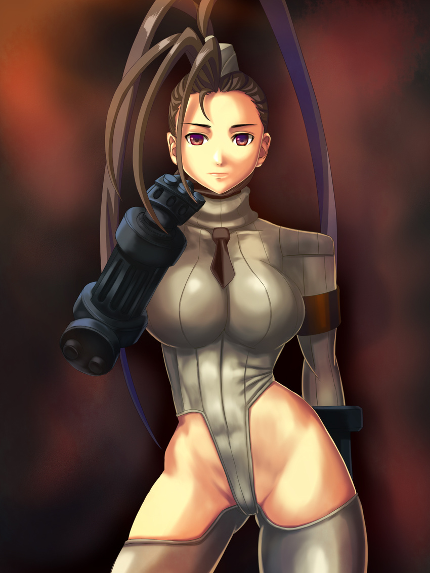 adapted_costume antenna_hair armband bad_end breasts cammy_white cammy_white_(cosplay) contrapposto corruption cosplay detached_leggings fingerless_gloves garrison_cap gloves grey_legwear hair_pulled_back hat high_ponytail highres ibuki_(street_fighter) large_breasts leotard long_hair no_panties ribbed_leotard ryourou_(edexigerero) skin_tight solo standing street_fighter thighhighs thong_leotard turtleneck