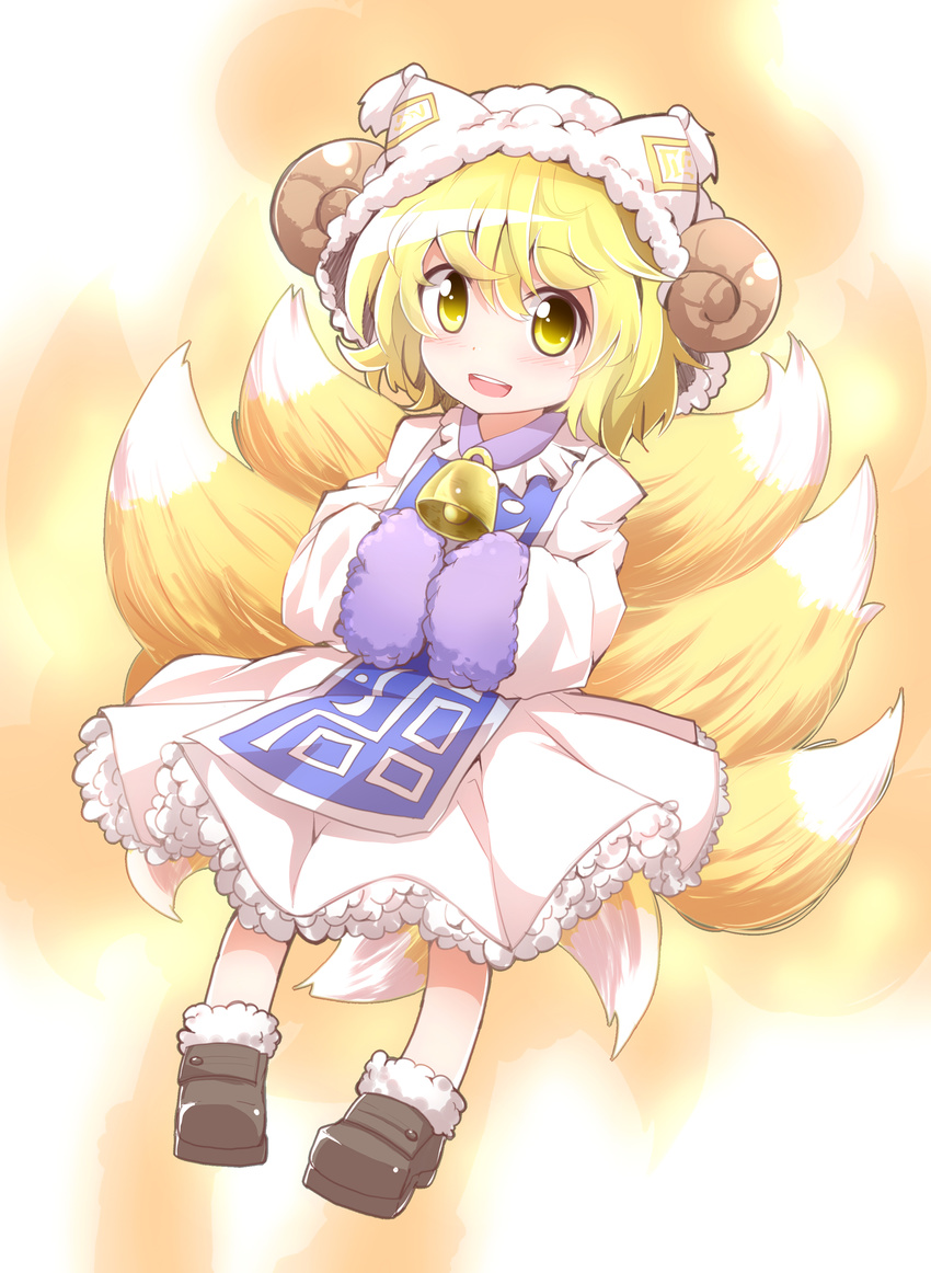 absurdres bell blonde_hair fox_tail hat highres hiro_(pqtks113) horns looking_at_viewer multiple_tails sheep_horns short_hair smile solo tail touhou yakumo_ran yellow_eyes