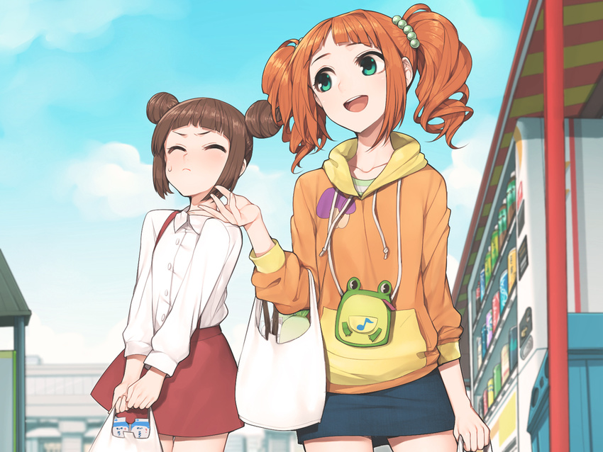 bag brown_hair closed_eyes cloud day double_bun green_eyes hitoto hood hoodie idolmaster idolmaster_(classic) multiple_girls open_mouth orange_hair siblings sisters sky smile sweatdrop takatsuki_kasumi takatsuki_yayoi twintails walking