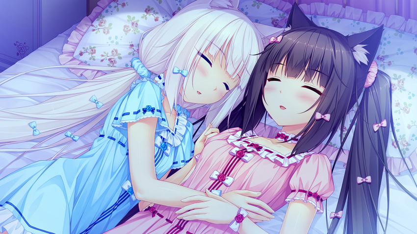 animal_ears black_hair cat_ears chocola_(sayori) closed_eyes game_cg long_hair multiple_girls nekopara sayori sleeping twintails vanilla_(sayori) white_hair