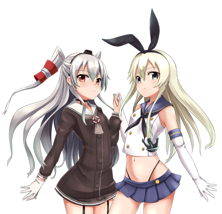 amatsukaze_(kantai_collection) blonde_hair blue_eyes brown_eyes dress elbow_gloves garter_straps gloves hairband highres kantai_collection lakuhito long_hair multiple_girls sailor_dress school_uniform serafuku shimakaze_(kantai_collection) short_dress silver_hair single_glove smile two_side_up uniform