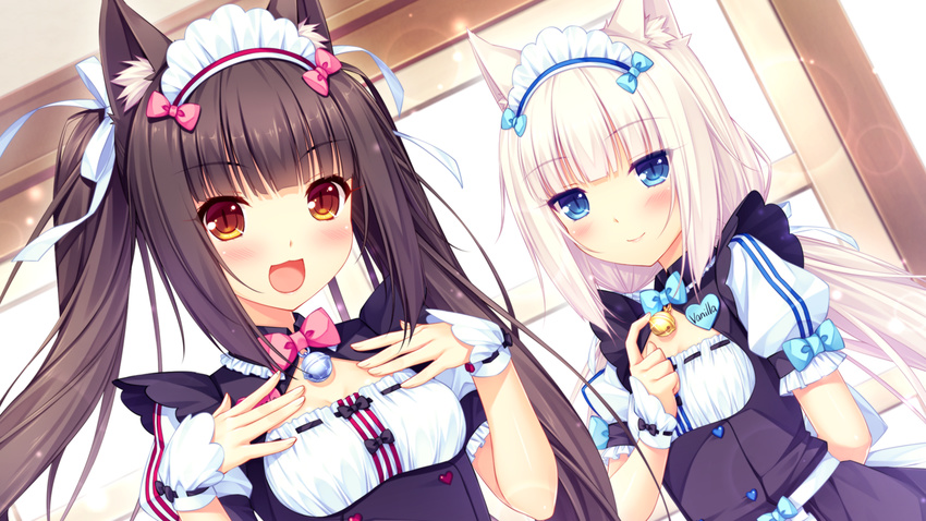 :3 :d animal_ears bell black_hair blue_eyes bow brown_eyes cat_ears chocola_(sayori) game_cg hair_ribbon hands_on_own_chest jingle_bell long_hair maid_headdress multiple_girls nekopara open_mouth puffy_short_sleeves puffy_sleeves ribbon ribbon-trimmed_clothes ribbon_trim sayori short_sleeves smile twintails vanilla_(sayori) waitress white_hair