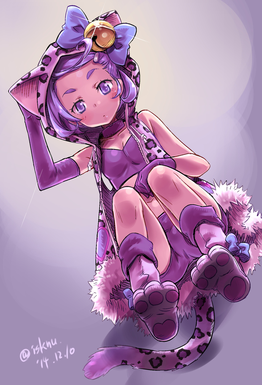 ahoge animal_hood bell blush breasts cat_tail choker dated dokidoki!_precure elbow_gloves gloves highres hood isedaichi_ken kenzaki_makoto looking_at_viewer midriff navel panther_pink_(precure) paws precure purple_eyes purple_gloves purple_hair short_hair shorts single_elbow_glove small_breasts solo tail twitter_username