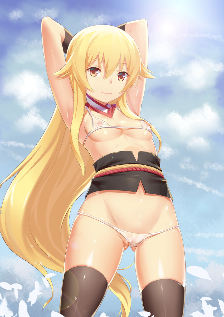 absurdres arms_behind_back arms_behind_head arms_up ashikaga_chachamaru bad_id bad_pixiv_id bikini black_legwear blonde_hair breasts brown_eyes cameltoe cloud condensation_trail covered_nipples cowboy_shot day highres long_hair micro_bikini nipples petals see-through shoutai_(7490773) sky small_breasts smile solo soukou_akki_muramasa sun swimsuit thighhighs very_long_hair