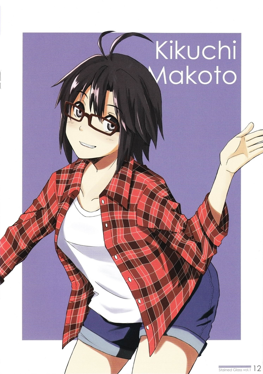 1girl flannel_shirt glasses idolmaster kikuchi_makoto short_hair shorts teru_(grafroller)