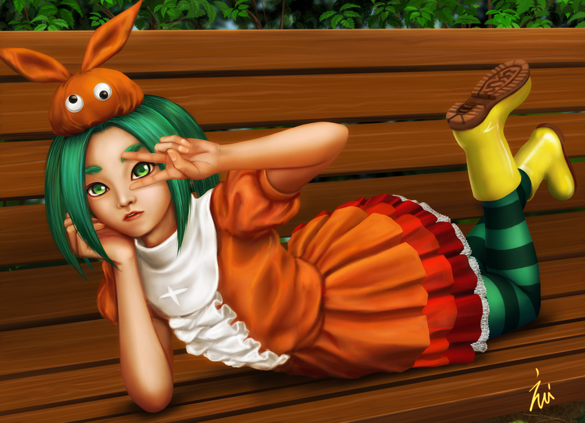 bench dress ebi_(eeotoko) eyebrows flat_chest green_eyes green_hair green_legwear hat highres lips lolita_fashion looking_at_viewer lying mini_hat monogatari_(series) nisemonogatari nose on_stomach ononoki_yotsugi pantyhose puffy_sleeves short_hair solo striped striped_legwear v_over_eye wellington