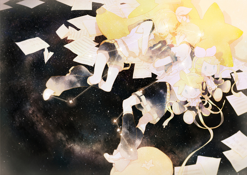 1girl blonde_hair brother_and_sister character_doll closed_eyes constellation kagamine_len kagamine_rin rella ribbon short_hair siblings sky star_(sky) starry_sky twins vocaloid