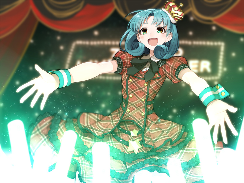 :d blush brown_eyes curtains dress glowstick green_hair hitoto idolmaster idolmaster_million_live! looking_at_viewer open_mouth outstretched_arms short_hair smile spread_arms tokugawa_matsuri wrist_cuffs