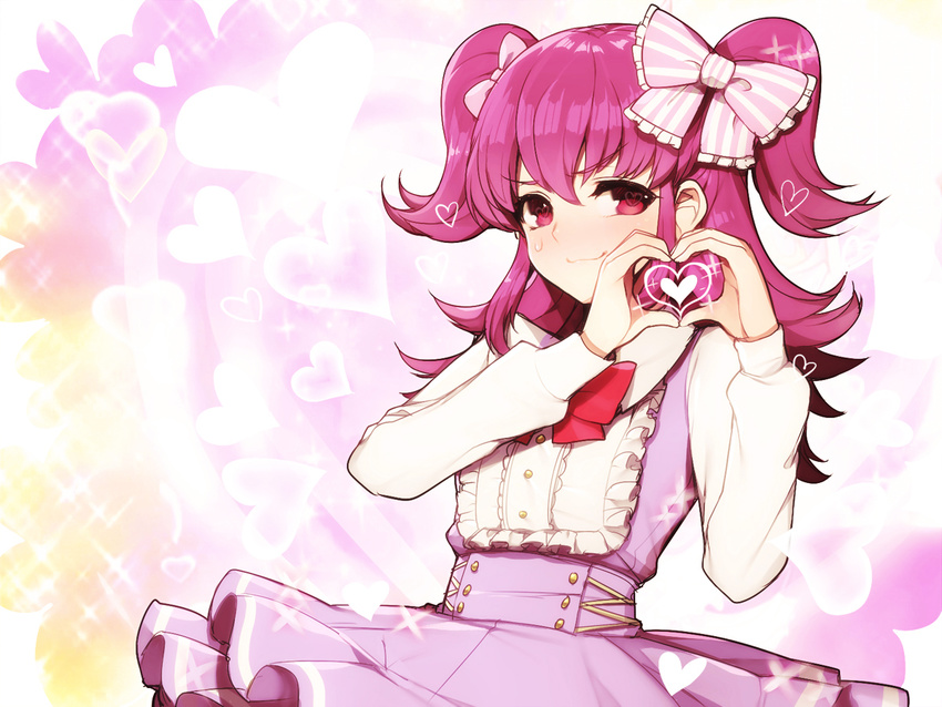 aikatsu! aikatsu!_(series) blush bow dress hair_bow heart heart_hands hitoto long_hair looking_at_viewer minowa_hikari purple_eyes smile solo sweatdrop two_side_up