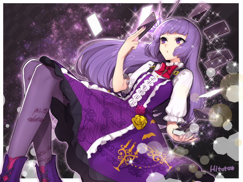 aikatsu! aikatsu!_(series) ankle_boots artist_name boots border bow bowtie card cross-laced_footwear crossed_legs dress eyelashes fingernails floating floating_card flower hair_ribbon hikami_sumire hitoto lace-up_boots lens_flare long_hair nail_polish pantyhose purple_dress purple_eyes purple_footwear purple_hair purple_legwear ribbon rose solo sparkle white_border