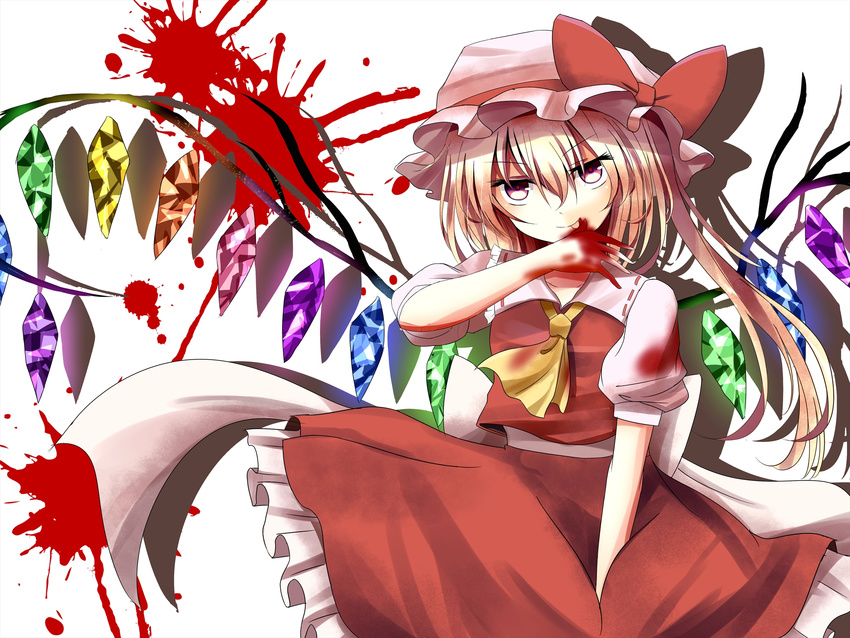 ascot bad_id bad_pixiv_id blonde_hair blood blood_stain dress flandre_scarlet frilled_skirt frills hat highres indo_(mdtanaka2007) licking_hand long_hair looking_at_viewer mob_cap puffy_short_sleeves puffy_sleeves red_eyes ribbon shadow short_sleeves side_ponytail skirt solo tongue tongue_out touhou white_background wings
