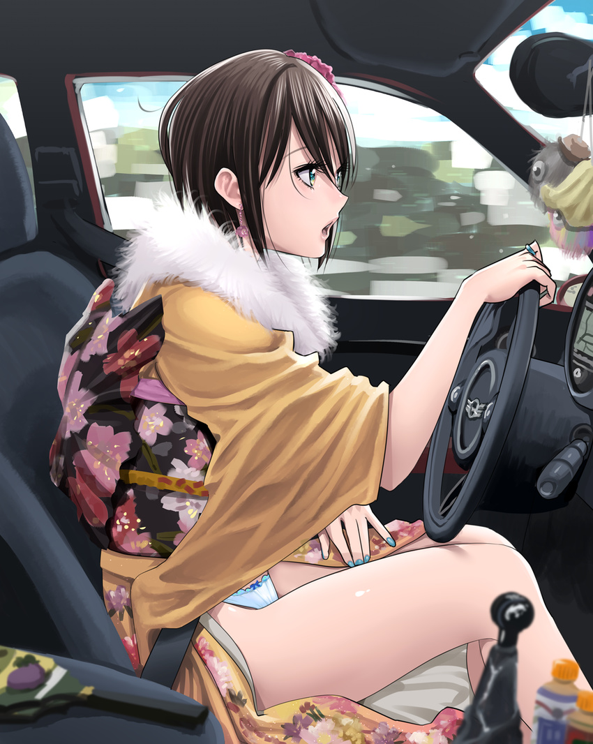 2015 :o bangs bare_legs black_hair blurry bottle bow bow_panties car car_interior cloud day depth_of_field driving earrings floral_print flower from_side fur_trim gear_shift gps green_eyes ground_vehicle hair_between_eyes hair_flower hair_ornament hand_on_own_thigh hayakawa_pao highres japanese_clothes jewelry kimono lace lace-trimmed_panties legs_together long_sleeves looking_afar mini_cooper motion_blur motor_vehicle nail_polish new_year obi open_clothes open_kimono open_mouth original paddle panties pantyshot pantyshot_(sitting) ring sash seatbelt shiny shiny_skin short_hair sitting sky solo steering_wheel thighs underwear white_panties