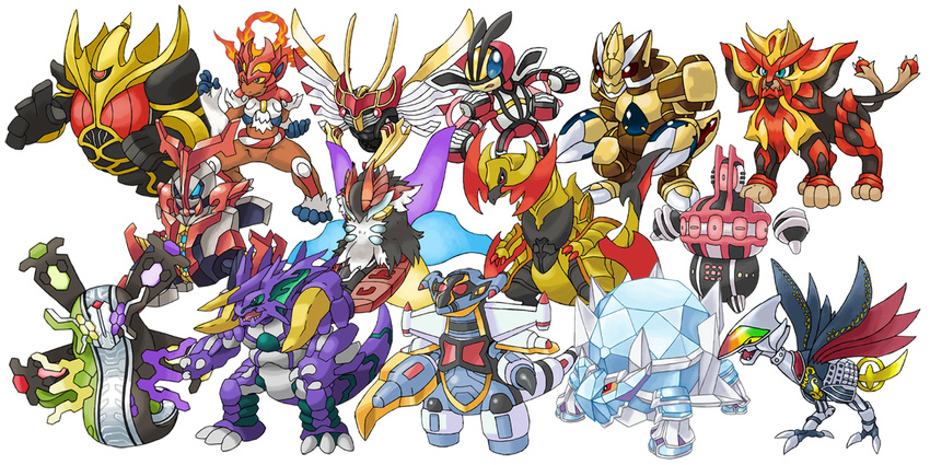 avalugg blue_eyes claws claydol closed_mouth crossover dusknoir extra_eyes fighting_stance fire full_body fusion gen_1_pokemon gen_2_pokemon gen_3_pokemon gen_4_pokemon gen_5_pokemon gen_6_pokemon gigalith green_eyes haxorus heterochromia hidewomi ice infernape kamen_rider kamen_rider_555 kamen_rider_agito kamen_rider_agito_(series) kamen_rider_blade kamen_rider_blade_(series) kamen_rider_dcd kamen_rider_decade kamen_rider_den-o kamen_rider_den-o_(series) kamen_rider_double kamen_rider_faiz kamen_rider_fourze kamen_rider_fourze_(series) kamen_rider_gaim kamen_rider_gaim_(series) kamen_rider_hibiki kamen_rider_hibiki_(series) kamen_rider_kabuto kamen_rider_kabuto_(series) kamen_rider_kiva kamen_rider_kiva_(series) kamen_rider_kuuga kamen_rider_kuuga_(series) kamen_rider_ooo kamen_rider_ooo_(series) kamen_rider_ryuki kamen_rider_ryuki_(series) kamen_rider_w kamen_rider_wizard kamen_rider_wizard_(series) ledian multiple_tails multiple_wings nidoking ninjask no_humans one-eyed open_mouth pokemon pokemon_(creature) purple_eyes putotyra_(ooo_combo) pyroar red_eyes sandslash simple_background skarmory tail two_tails volcarona white_background wings yellow_eyes yellow_sclera zygarde