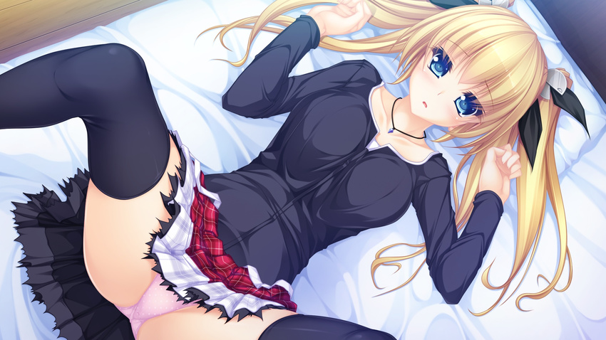 1girl black_bow black_legwear black_shirt black_thighhighs blonde_hair blue_eyes bow collarbone female frilled_skirt frills game_cg hair_bow hair_ornament jewelry long_hair long_sleeves looking_at_viewer necklace on_bed open_mouth panties pink_panties pleated_skirt shirt skirt solo tenmaso thighhighs tsukioka_izumi twintails underwear usotsuki_ouji_to_nayameru_ohime-sama