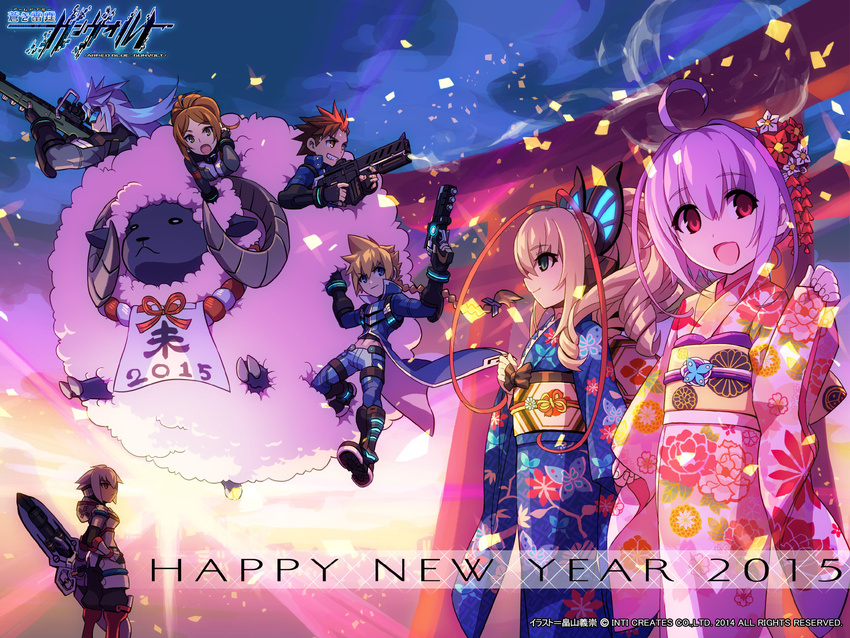 3girls 4boys acura_(gunvolt) asimov_(gunvolt) azure_striker_gunvolt blonde_hair blue_eyes brown_hair chinese_zodiac gino_(gunvolt) green_eyes gun gunvolt happy_new_year hatakeyama_yoshitaka highres japanese_clothes joule_(gunvolt) kimono lavender_hair lumen_(gunvolt) monica_(gunvolt) multicolored_hair multiple_boys multiple_girls new_year night night_sky official_art red_eyes red_hair sheep silver_hair sky sunglasses torii two-tone_hair weapon white_hair year_of_the_goat