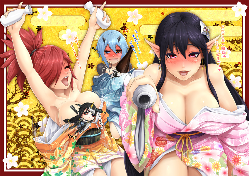 alcohol antenna_hair arms_up azanami_(pso2) black_hair blue_eyes blush blush_stickers bottle breasts censored character_censor cleavage closed_eyes clothes_down collarbone drunk earrings egasumi eyebrows floral_print hair_ornament hair_over_one_eye heart heterochromia highres holding homura_(haku89) horn horns io_(pso2) japanese_clothes jewelry katori_(pso2) kimono large_breasts long_hair looking_at_viewer minigirl mole mole_under_eye motion_lines multicolored_hair multiple_girls novelty_censor obi off_shoulder open_mouth orange_eyes phantasy_star phantasy_star_online_2 pink_eyes pointy_ears ponytail red_hair sake sash seigaiha tamahime_(pso2) thick_eyebrows tokkuri translation_request triangle_mouth two-tone_hair white_hair