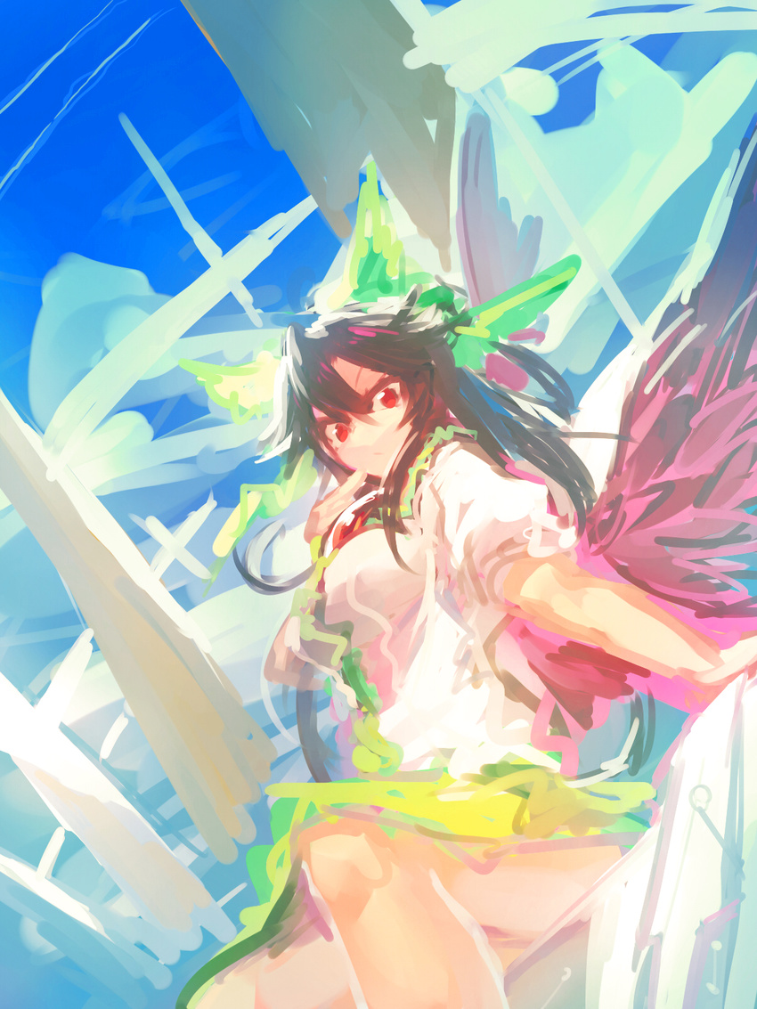 bird_wings black_hair bow cape feathered_wings green_bow green_skirt hair_bow highres long_hair looking_at_viewer melon22 puffy_short_sleeves puffy_sleeves red_eyes reiuji_utsuho short_sleeves sitting skirt sky solo third_eye touhou wings