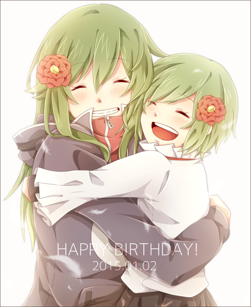 age_comparison closed_eyes dual_persona flower green_hair grin hair_flower hair_ornament happy_birthday highres kagerou_project kido_tsubomi long_hair multiple_girls shigure_kio smile time_paradox younger