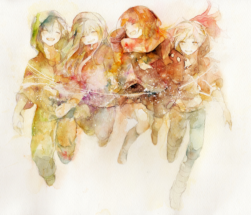 2girls aji77 black_hair blonde_hair brown_hair green_hair hood hoodie kagerou_project kano_shuuya kido_tsubomi long_hair multiple_boys multiple_girls scarf seto_kousuke short_hair smile tateyama_ayano traditional_media watercolor_(medium)