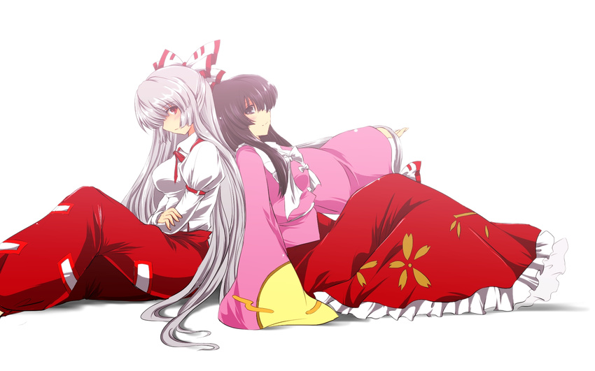 back-to-back black_hair collarbone collared_shirt fujiwara_no_mokou hair_ribbon highres houraisan_kaguya japanese_clothes long_sleeves multiple_girls nekominase pants purple_eyes red_eyes ribbon shirt silver_hair sitting suspenders touhou white_background wide_sleeves