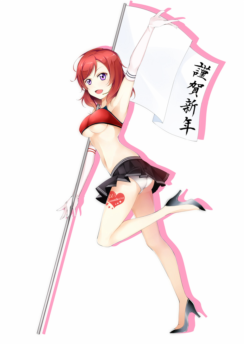 arm_up armpits ass breasts elbow_gloves flag full_body gloves heart_tattoo high_heels highres leg_up looking_at_viewer love_live! love_live!_school_idol_project medium_breasts midriff new_year nishikino_maki panties pantyshot pantyshot_(standing) purple_eyes qiuzhi_huiyi race_queen red_hair short_hair skirt solo standing standing_on_one_leg tattoo twisted_torso underboob underwear white_gloves white_panties