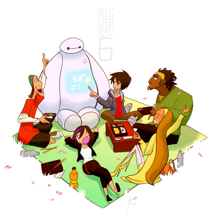 2girls 3boys absurdres arm_up baymax big_hero_6 boxed_lunch bubblegum cherry_blossoms chopsticks dark_skin disney food fred_(big_hero_6) gogo_tomago hairband high_heels highres hiro_hamada honey_lemon honey_lemon_(big_hero_6) marvel mat multiple_boys multiple_girls petals picnic robot sitting wasabi-no-ginger wasabi_(big_hero_6)