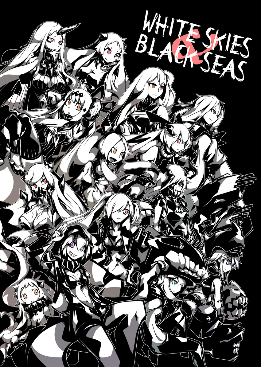 ahoge aircraft_carrier_oni aircraft_carrier_water_oni airfield_hime anchorage_oni armored_aircraft_carrier_oni arms_behind_head ascot bare_shoulders bikini_top black_background bodysuit breasts commentary covering_mouth crop_top deel_(rkeg) destroyer_hime detached_sleeves dress escort_fortress_(kantai_collection) everyone fangs grin hair_ornament hair_over_one_eye headgear high_ponytail highres hood hoodie horn horns jacket kantai_collection large_breasts long_hair mask midriff midway_hime monster_girl multiple_girls navel ne-class_heavy_cruiser neckerchief northern_ocean_hime one_side_up orange_eyes ponytail purple_eyes re-class_battleship red_eyes revision ribbed_dress sailor_collar sailor_dress salute school_uniform seaport_hime serafuku shinkaisei-kan short_dress short_hair simple_background smile southern_ocean_oni ta-class_battleship tentacles thighhighs twintails very_long_hair wo-class_aircraft_carrier zettai_ryouiki