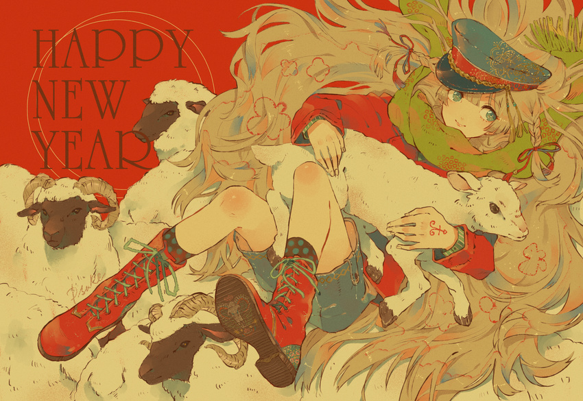 bad_id bad_pixiv_id blonde_hair blue_eyes boots braid cross-laced_footwear english happy_new_year hat highres lace-up_boots lamb long_hair looking_at_viewer new_year original p-suke peaked_cap red_footwear scarf sheep skull smile solo very_long_hair