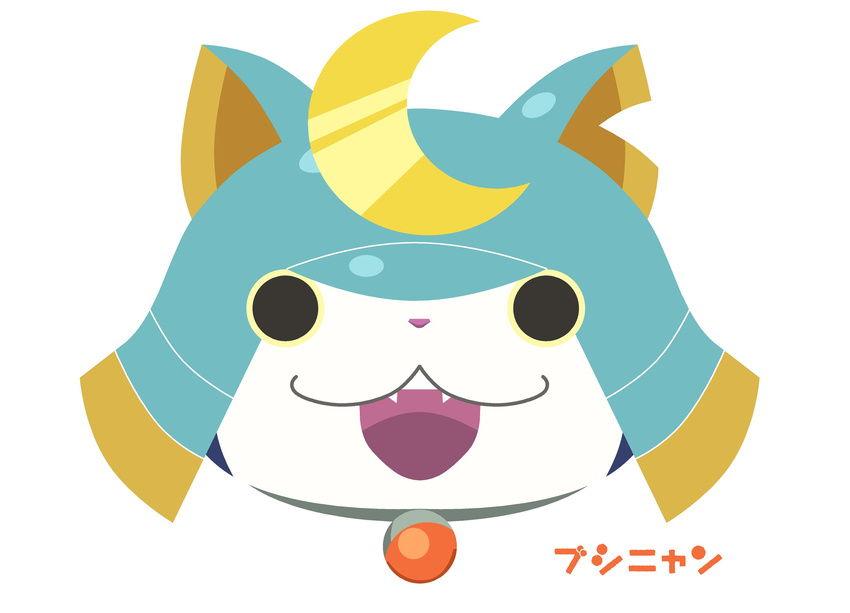 bushinyan cat character_name face fangs flat_color helmet highres looking_at_viewer no_humans notched_ear open_mouth samurai sarama simple_background solo white_background youkai youkai_watch