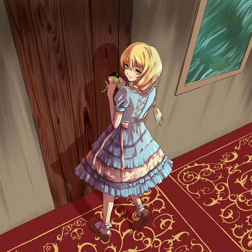 akemixu blonde_hair braid carpet door frog green_eyes highres hole long_hair looking_back majo_no_ie mary_janes painting_(object) shoes smile twin_braids twintails viola_(majo_no_ie)