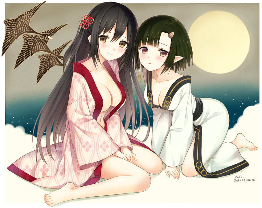 arm_support barefoot black_hair blush breasts brown_eyes cleavage full_body hair_ornament hairpin horns japanese_clothes kimono large_breasts long_hair medium_breasts multiple_girls navel oni_horns original pointy_ears short_hair sitting smile wariza yuuki_rika