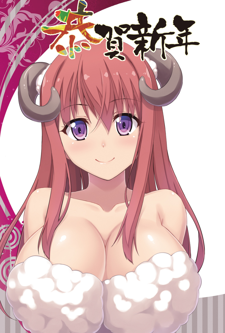 bare_shoulders blush breasts brown_hair chinese_zodiac cleavage collarbone fujirin fur highres horns huge_breasts long_hair looking_at_viewer new_year original purple_eyes sheep_horns smile solo year_of_the_goat