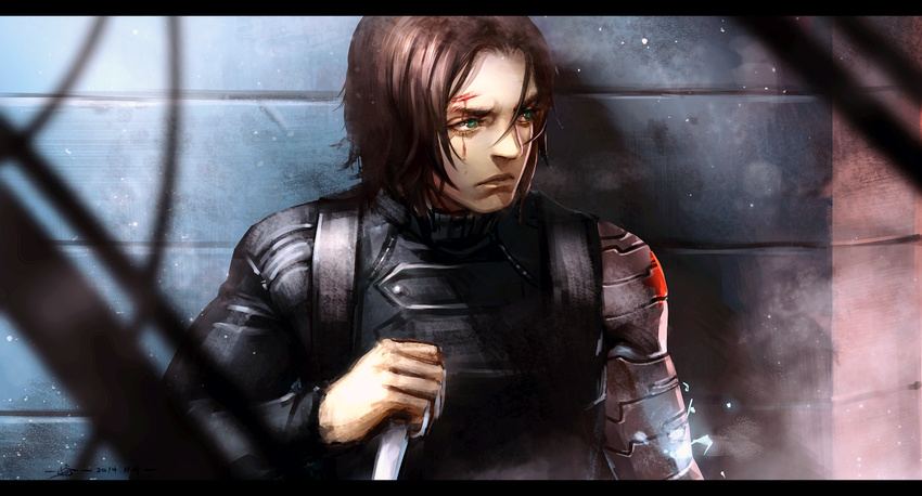 blood blood_on_face brown_hair captain_america_the_winter_soldier cyborg electricity green_eyes james_buchanan_barnes knife male_focus marvel mechanical_arm prosthesis prosthetic_arm reverse_grip scar signature solo star winter_soldier yoku_(liuyc)