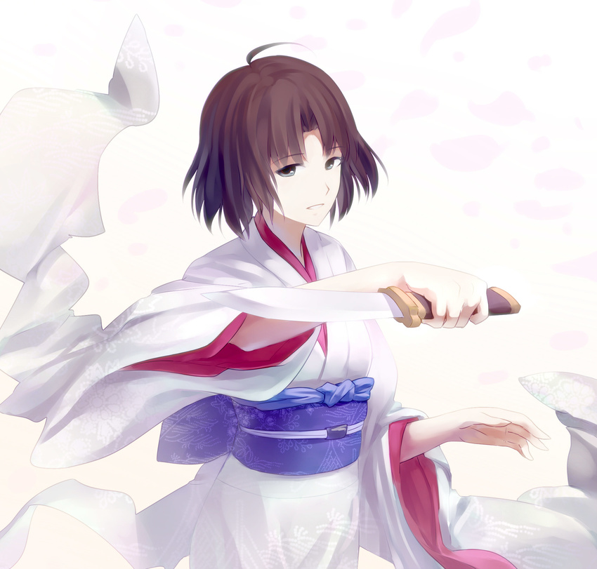 ahoge brown_eyes brown_hair highres japanese_clothes kara_no_kyoukai kikuma525 kimono knife obi reverse_grip ryougi_shiki sash short_hair solo