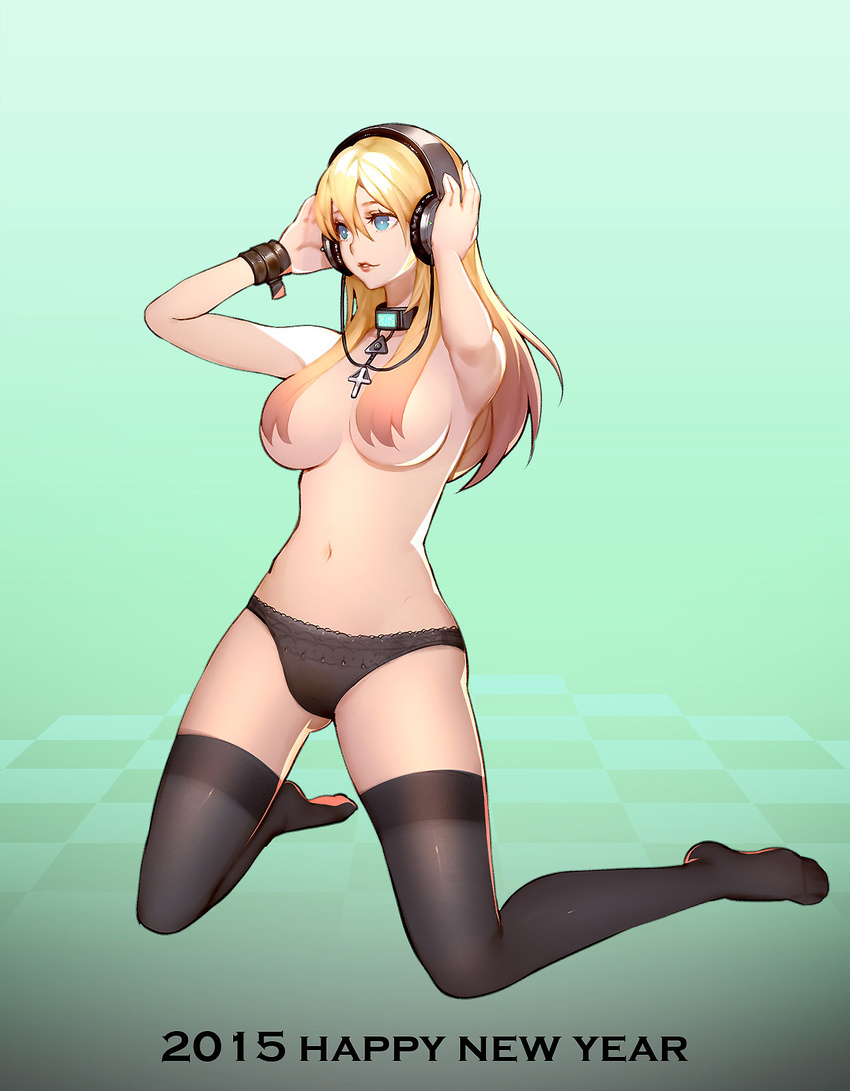 2015 black_legwear black_panties blonde_hair blue_eyes blush breasts cross cross_necklace hands_on_headphones headphones highres jewelry kneeling large_breasts lips long_hair navel necklace new_year original panties ryushin smile solo thighhighs topless underwear