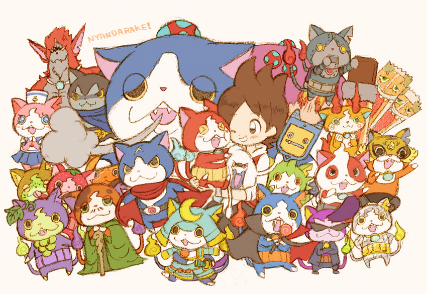 &gt;_&lt; amano_keita annotated armor blue_cape blush blush_stickers brown_eyes brown_hair buchinyan budounyan bushinyan candy_bar cape cat chocoboo closed_eyes darknyan dekanyan dianyan everyone fangs food fruit fuyunyan gabunyan ghost grapes grin haramaki hat helmet hokori_(kingcat) ichigonyan jibakoma jibanyan kiwifruit kiwinyan maskednyaan master_nyaada mikannyan multiple_tails notched_ear one_eye_closed open_mouth pleated_skirt pointy_ears pompadour purple_lips red_cape red_j robonyan robot sailor_hat sailornyan samurai school_uniform serafuku short_hair skirt smile strawberry sunglasses tablet_pc tail togenyan two_tails vampire warunyan watch whisper_(youkai_watch) white_background youkai youkai_pad youkai_watch youkai_watch_(object) youkai_watch_2