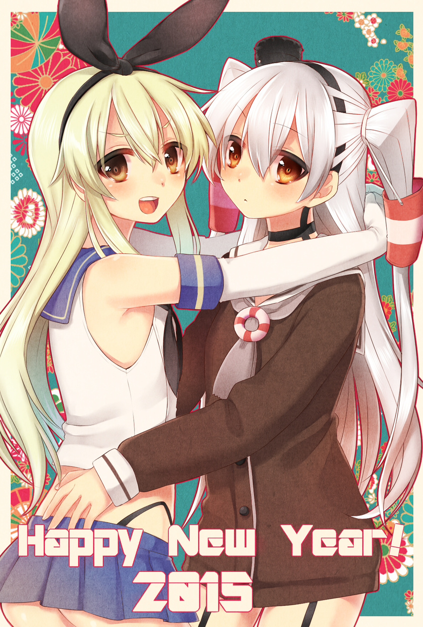 2girls amatsukaze_(kantai_collection) blonde_hair brown_eyes choker crazy_kinoko dress elbow_gloves garter_straps gloves hairband happy_new_year highres hug kantai_collection long_hair multiple_girls new_year sailor_dress school_uniform serafuku shimakaze_(kantai_collection) short_dress silver_hair smile two_side_up