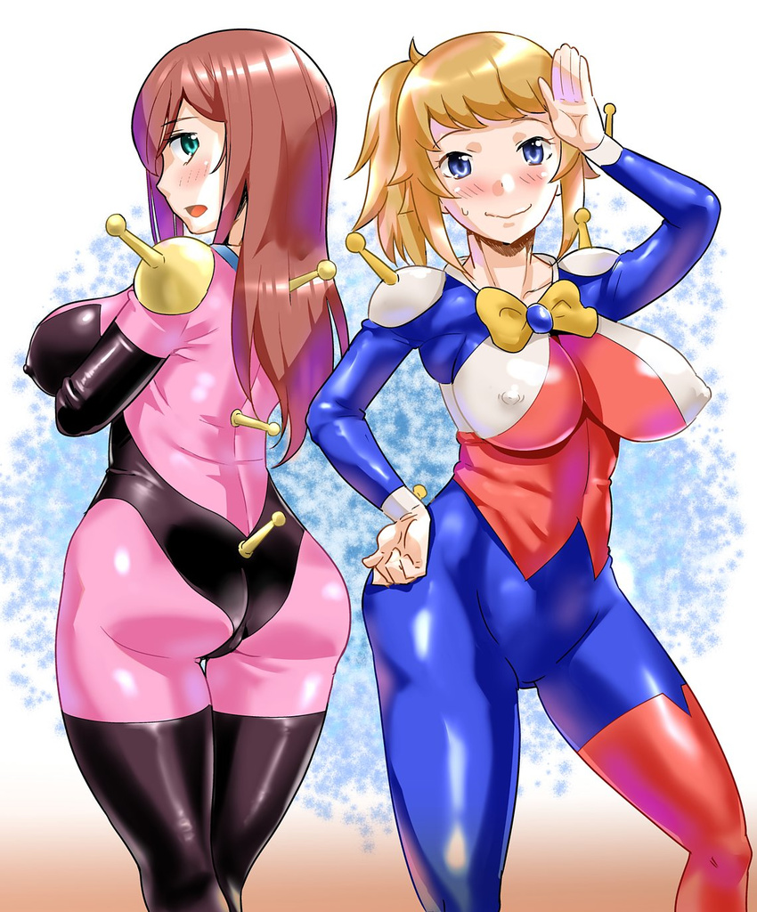 2girls allenby_beardsley allenby_beardsley_(cosplay) ass blue_eyes blush bodysuit breast_hold breasts brown_hair core-suke cosplay crossed_arms erect_nipples female from_behind g_gundam green_eyes gundam gundam_build_fighters gundam_build_fighters_try hoshino_fumina huge_ass huge_breasts kamiki_mirai large_breasts legs long_hair looking_at_viewer looking_back mobile_trace_suit multiple_girls open_mouth ponytail rain_mikamura rain_mikamura_(cosplay) shiny shiny_clothes sideboob skin_tight smile sweatdrop thigh_gap thighs wide_hips