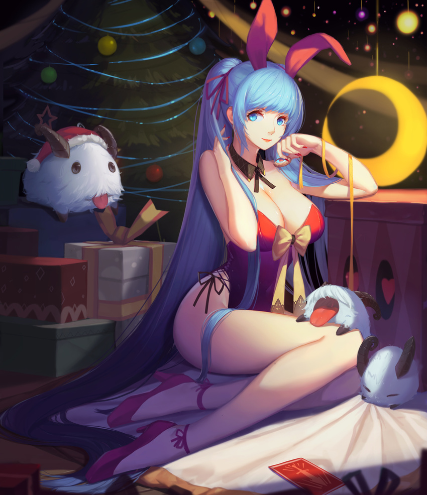 animal_ears bad_id bad_pixiv_id blue_eyes blue_hair breasts bunny_ears christmas cleavage cubies_(tiger_205) dress highres huge_breasts league_of_legends legs long_hair looking looking_at_viewer ponytail poro_(league_of_legends) ribbon smile solo sona_buvelle thighs very_long_hair