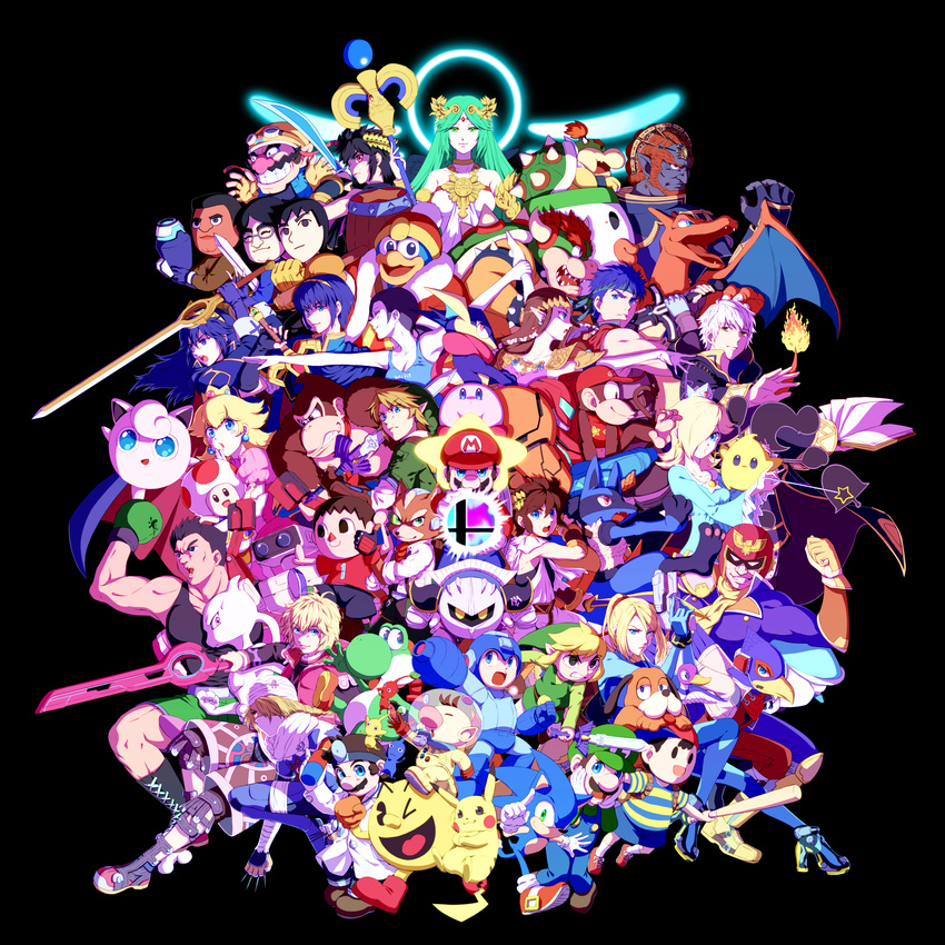 6+girls absolutely_everyone absurdres baseball_bat baseball_cap black_background blue_bodysuit bodysuit book boots bowser bowser_jr. boxing_gloves braid cape captain_falcon charizard chiko_(mario) dark_pit diddy_kong dog_(duck_hunt) donkey_kong donkey_kong_(series) doubutsu_no_mori dr._mario dr.mario dual_persona duck_(duck_hunt) duck_hunt everyone f-zero facial_hair falco_lombardi fire_emblem fire_emblem:_akatsuki_no_megami fire_emblem:_kakusei fire_emblem:_monshou_no_nazo fox_mccloud game_&amp;_watch ganondorf gen_1_pokemon gen_4_pokemon gen_6_pokemon gloves greninja grin hair_ornament hat headband helmet highres holding holding_sword holding_weapon horns ike iwata_satoru jigglypuff kid_icarus kid_icarus_uprising king_dedede kirby kirby_(series) koopa_clown_car left-handed link little_mac looking_at_viewer lucario lucina luigi male_my_unit_(fire_emblem:_kakusei) mario mario_(series) marth mask medicine meta_knight metroid mewtwo mii_(nintendo) mole mole_under_mouth monado mother_(game) mother_2 mr._game_&amp;_watch multiple_boys multiple_girls mustache my_unit_(fire_emblem:_kakusei) ness nintendo olimar pac-man pac-man_(game) pac-man_eyes palutena pikachu pikmin_(creature) pikmin_(series) pit_(kid_icarus) pointy_ears pokemon pokemon_(creature) ponytail pose princess_peach princess_zelda punch-out!! r.o.b reggie_fils-aime rockman rockman_(character) rockman_(classic) rosetta_(mario) saiba_(henrietta) samus_aran sheik shulk skin_tight smash_ball smile sonic sonic_the_hedgehog star_fox super_mario_bros. super_mario_galaxy super_smash_bros. sword tank_top the_legend_of_zelda the_legend_of_zelda:_the_wind_waker the_legend_of_zelda:_twilight_princess tiara toad toon_link varia_suit villager_(doubutsu_no_mori) wario warioware warp_star weapon wii_fit wii_fit_trainer xenoblade_(series) xenoblade_1 yoshi zero_suit