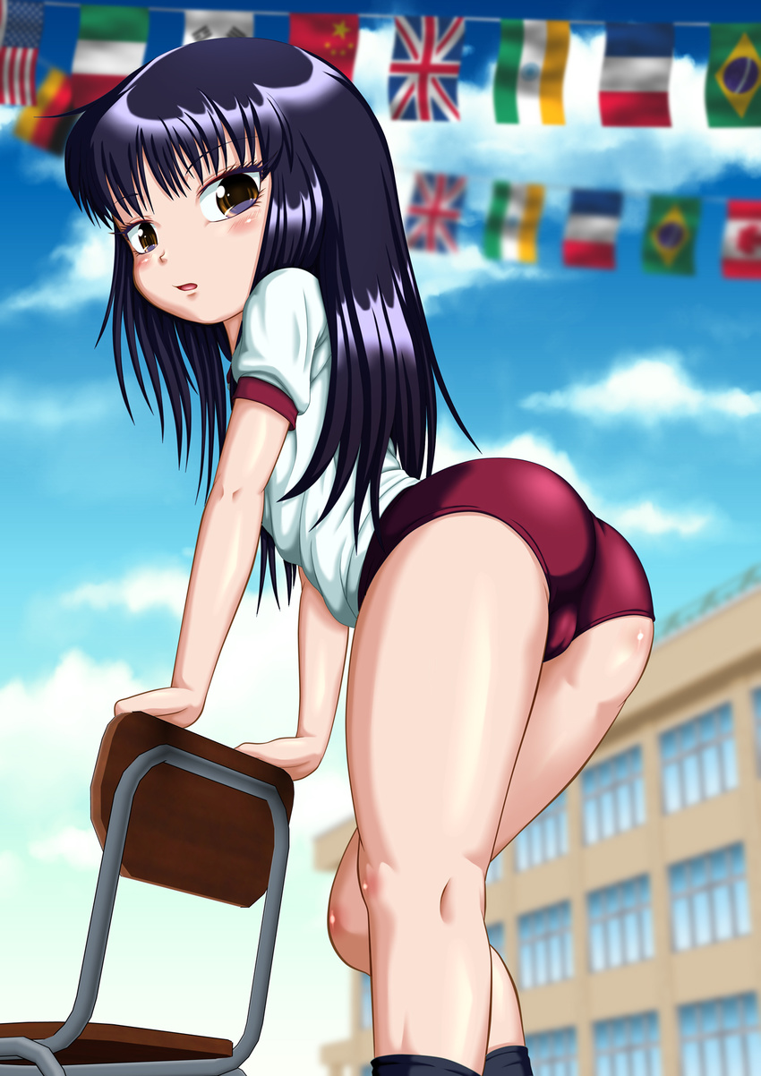 ass black_hair blush brown_eyes buruma chair cloud day ebi_daruma flag flags_of_all_nations from_behind gym_uniform highres leaning_forward long_hair looking_back original outdoors sky solo sports_festival string_of_flags