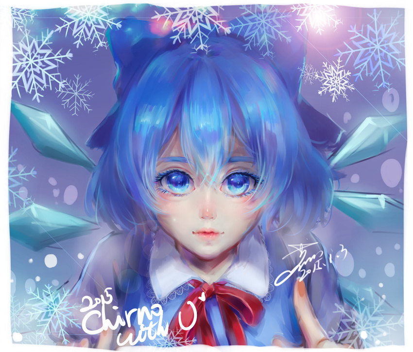 2015 blue_eyes blue_hair bow character_name cirno collared_shirt dated eyelashes hair_bow highres ice ice_wings index_finger_raised lace-trimmed_collar lens_flare lips looking_at_viewer neck_ribbon nose parted_lips portrait ribbon shest shirt short_hair signature snowflakes solo touhou vest wings