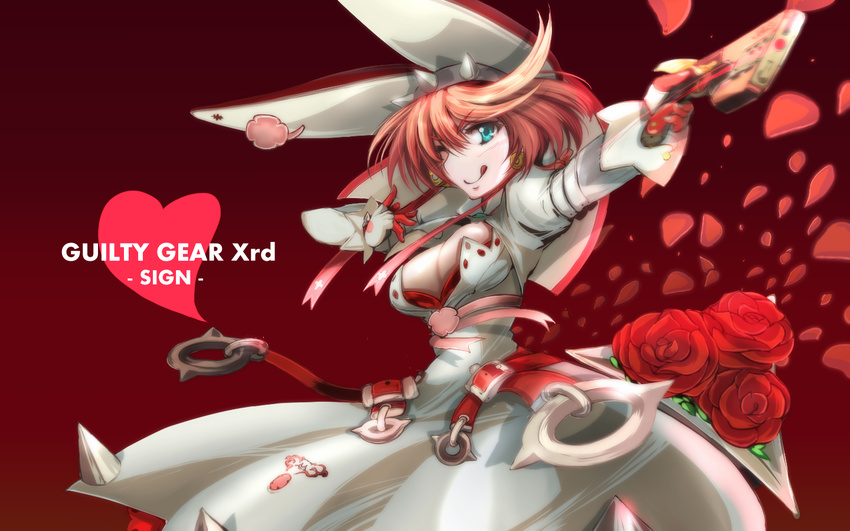 ;p belt blue_eyes blush bouquet bra breasts bridal_veil cleavage cleavage_cutout clover copyright_name cravat dress earrings elphelt_valentine flower four-leaf_clover gloves grimjin guilty_gear guilty_gear_xrd gun hairband heart jewelry large_breasts long_sleeves one_eye_closed petals pink_hair puffy_long_sleeves puffy_sleeves red_bra red_flower red_rose rose short_hair shotgun smile solo spikes tongue tongue_out underwear veil wallpaper weapon white_dress